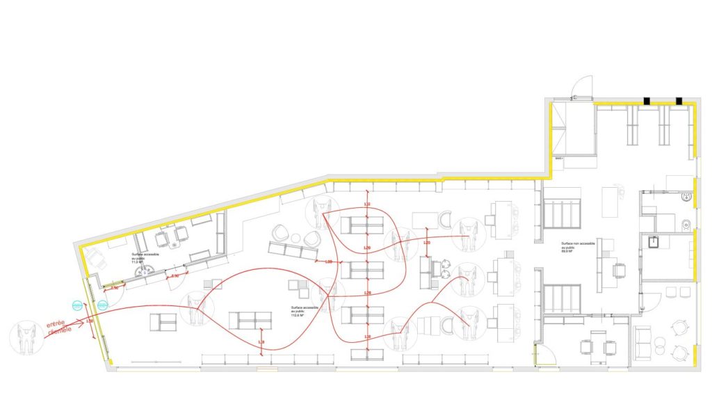 plan d'aménagement intérieur d'une pharmacie avec les normes PMR