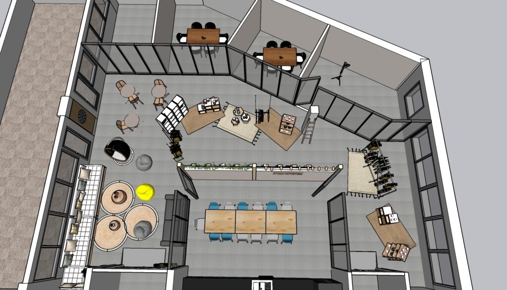 Vue 3D d'un plan d'aménagement de bureaux et showroom