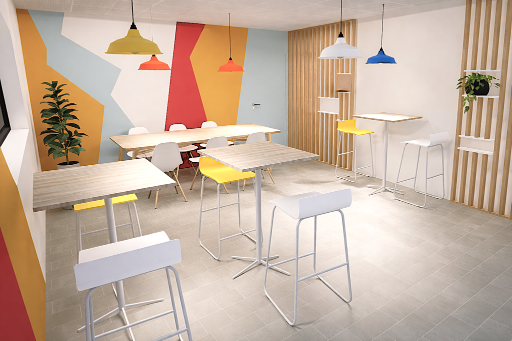 Aménagement et décoration d'une cafétéria d'entreprise avec tables hautes